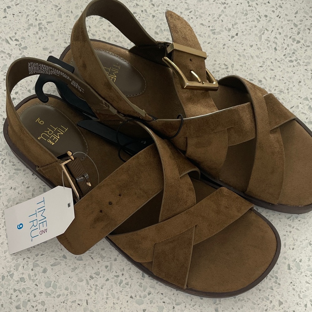 Time and Tru Tan Suede Crisscross Buckle Sandals - Picture 2 of 5